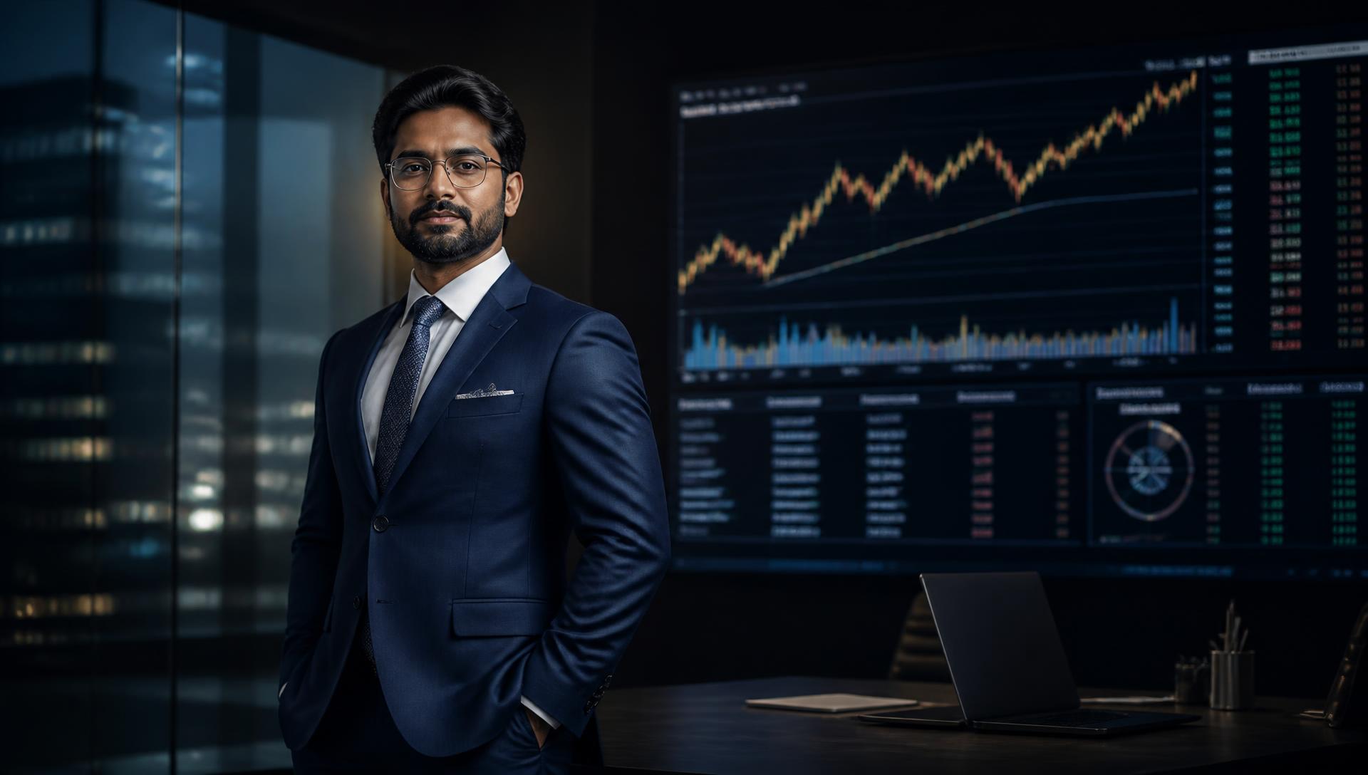 Financial advisor reviewing Indian stock market charts